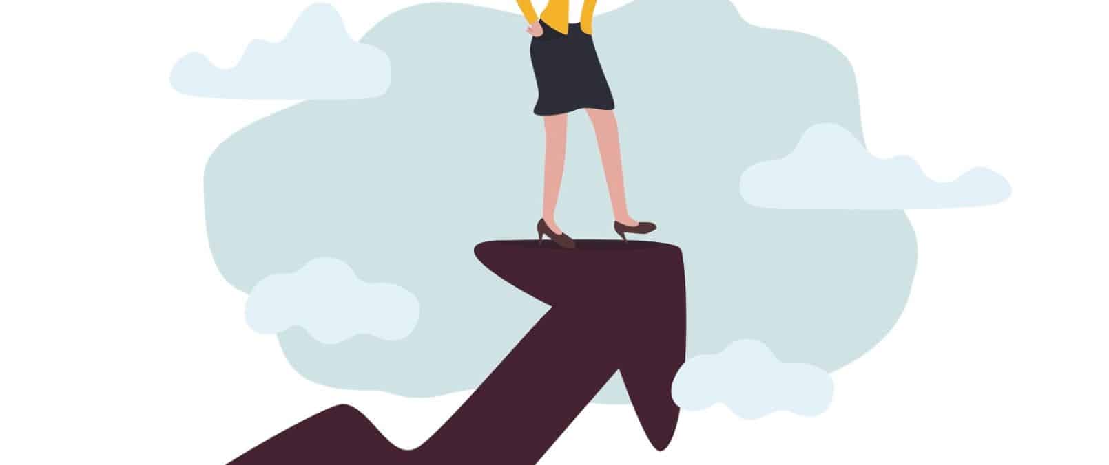 Illustration of a woman standing on an upward-pointing arrow, with clouds in the background. The image has been cropped above the woman's waist.